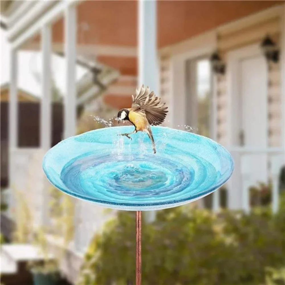 Outdoor BirdBath Glass Bird Bath Garden Bird Feeder with Metal Stake